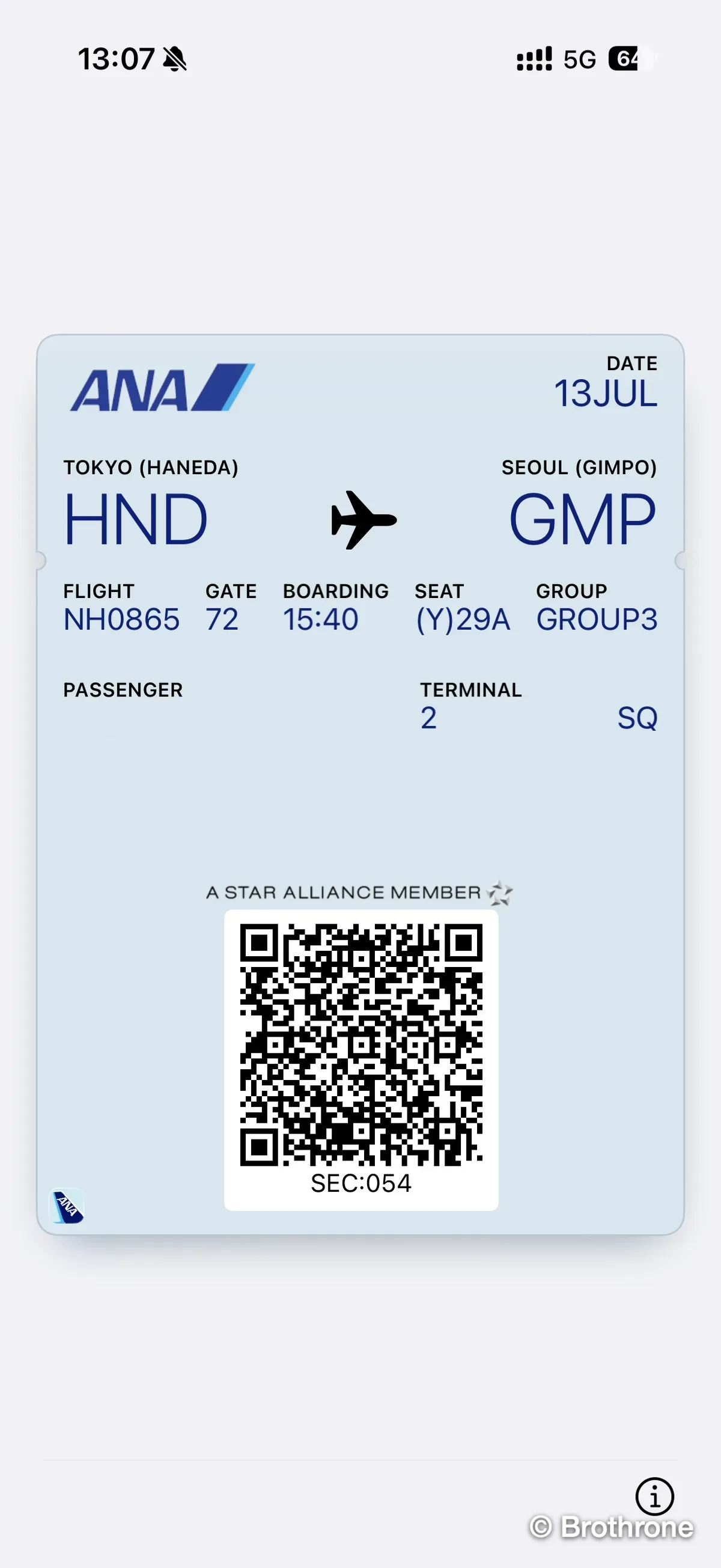 ANA mobile boarding pass displayed on smartphone
