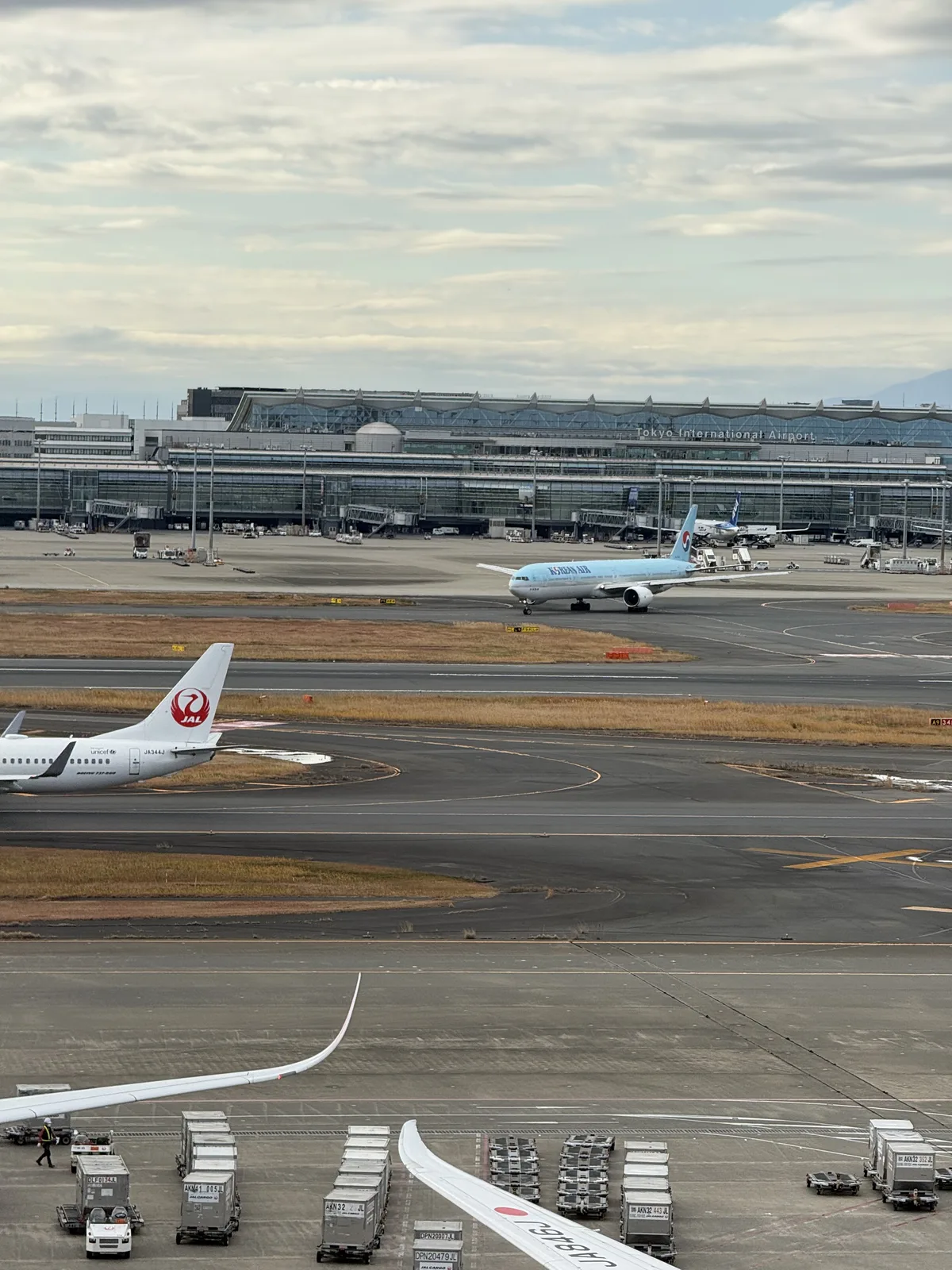 Haneda Airport rooftop observation deck with Korean Air B777-300 pushing back to return to Gimpo