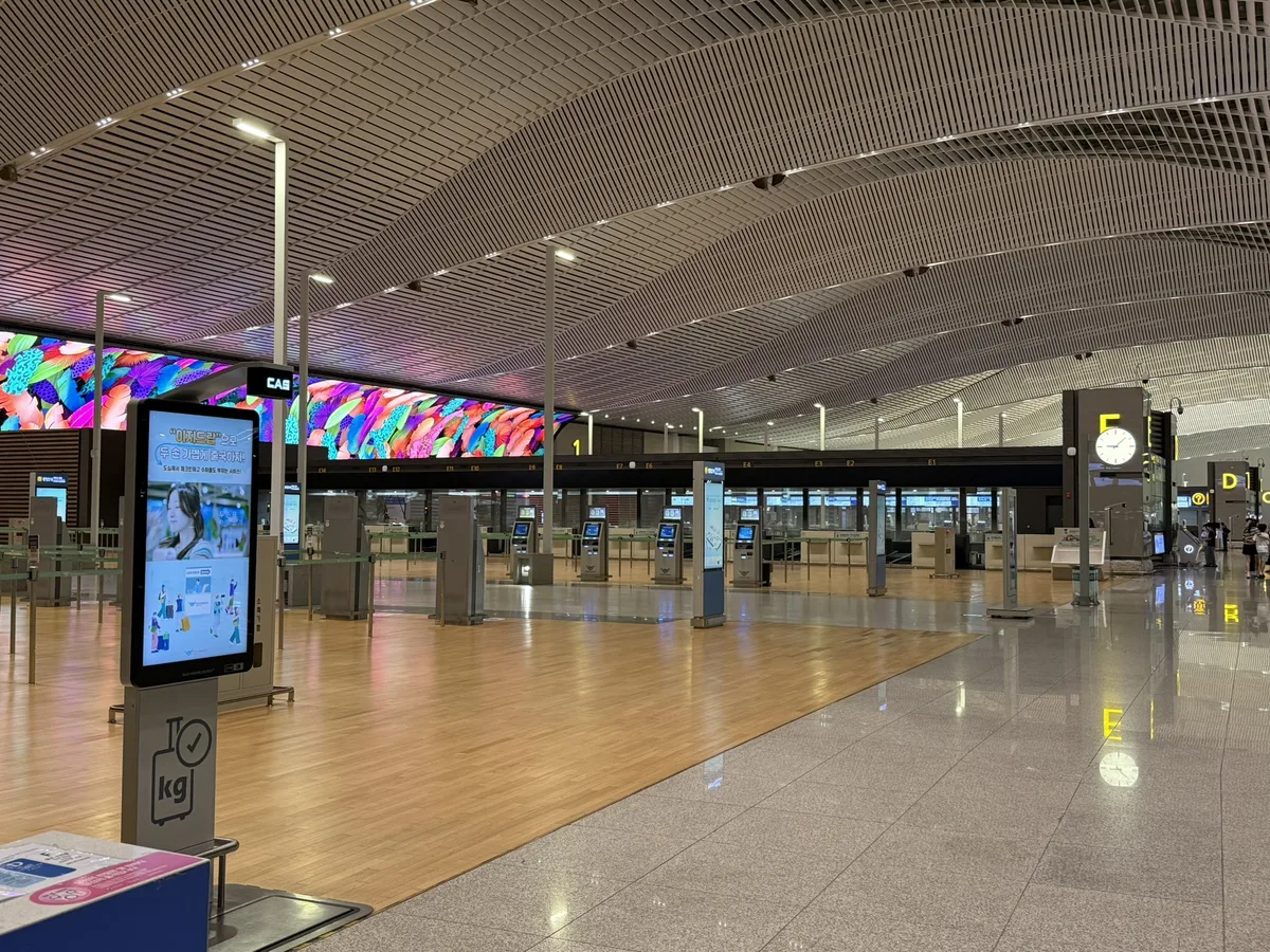 Late-night empty check-in counters at Incheon Airport Terminal 2
