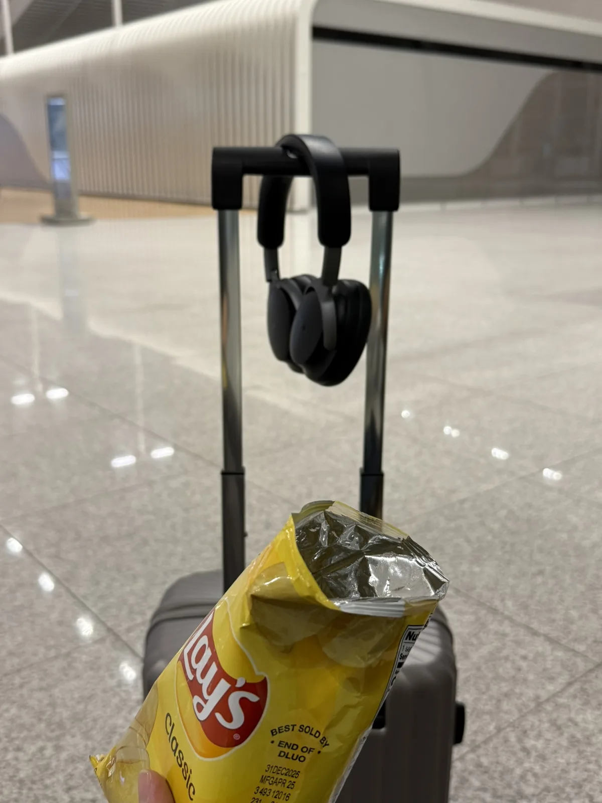 Snacks and luggage waiting at Incheon Airport overnight
