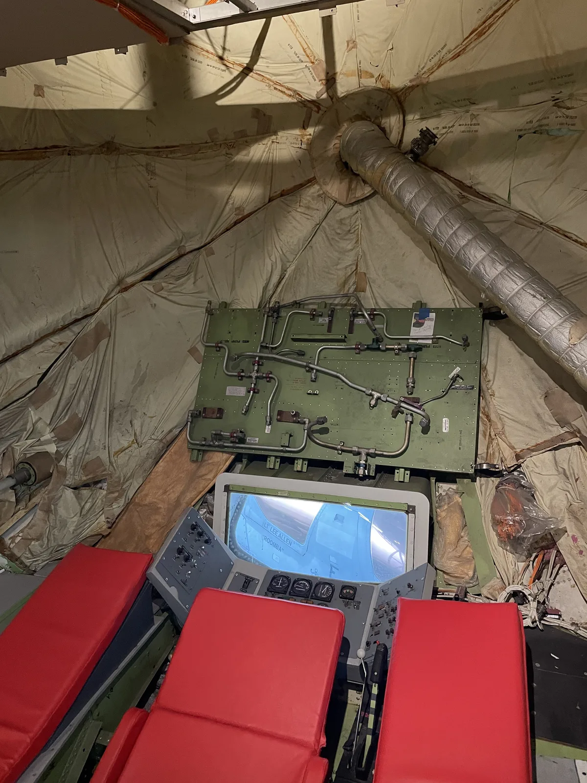 Boeing 747 prototype interior showing old engine test equipment and aerial refueling tanker remnants
