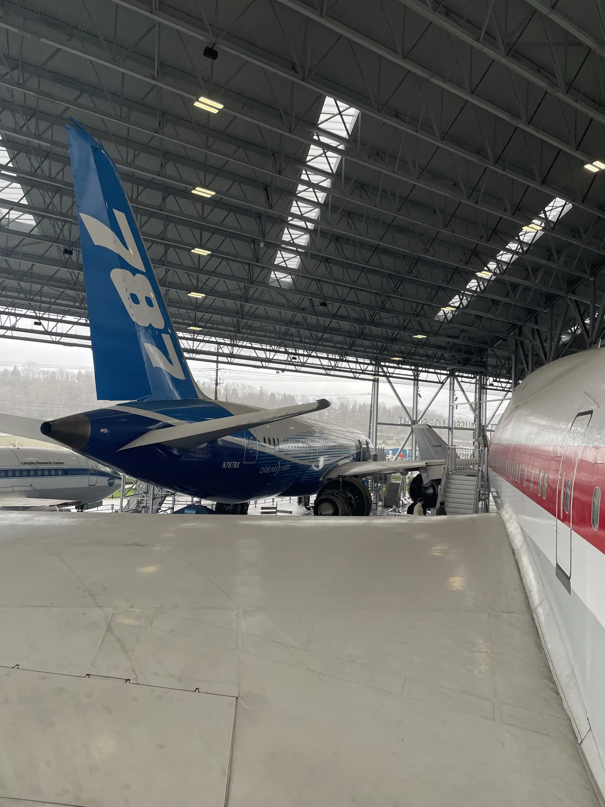 Boeing 787 Dreamliner on static display in the Aviation Pavilion at Seattle Museum of Flight