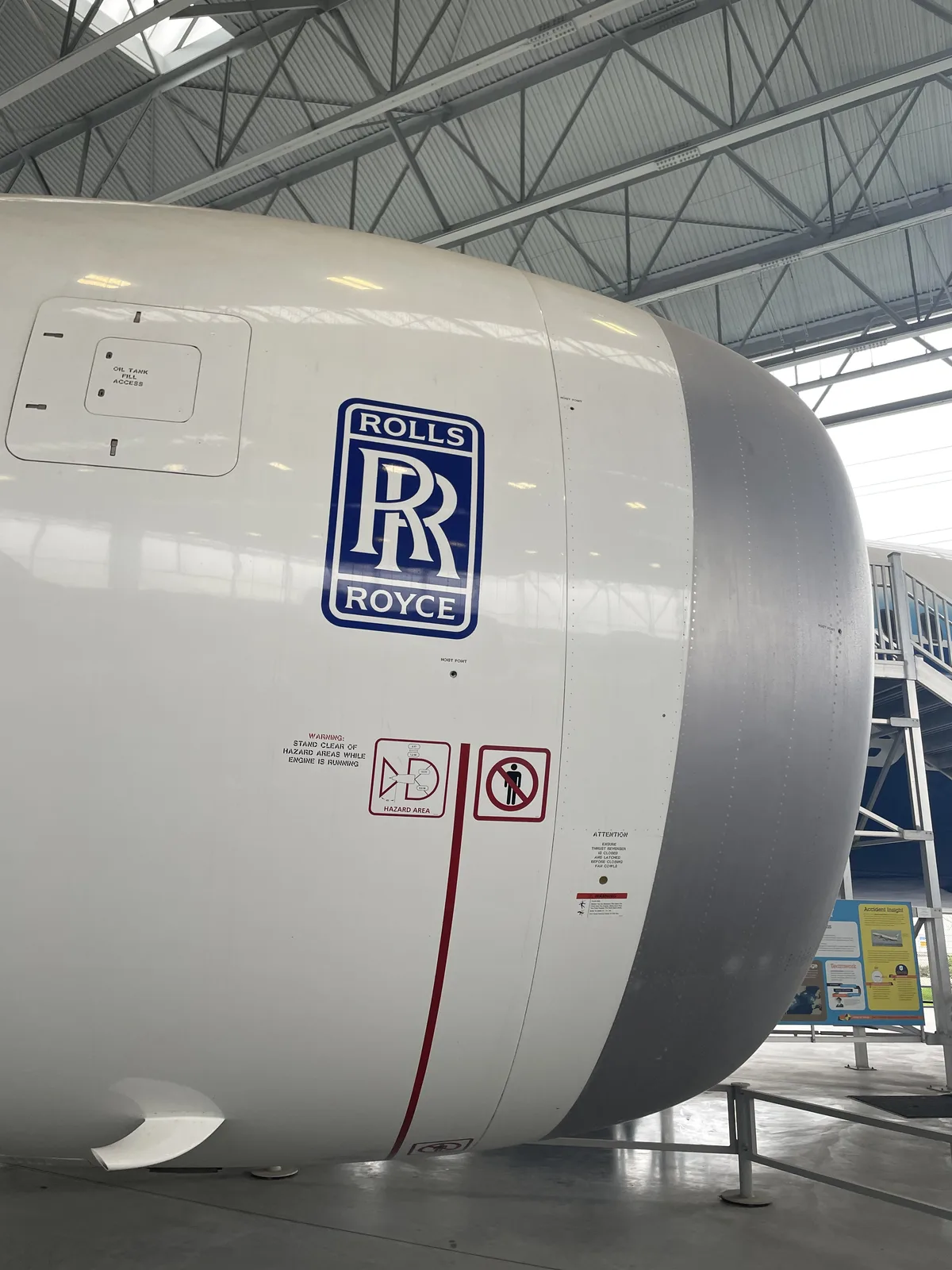 Boeing 787 Dreamliner nose and forward fuselage close-up on display at Seattle Museum of Flight