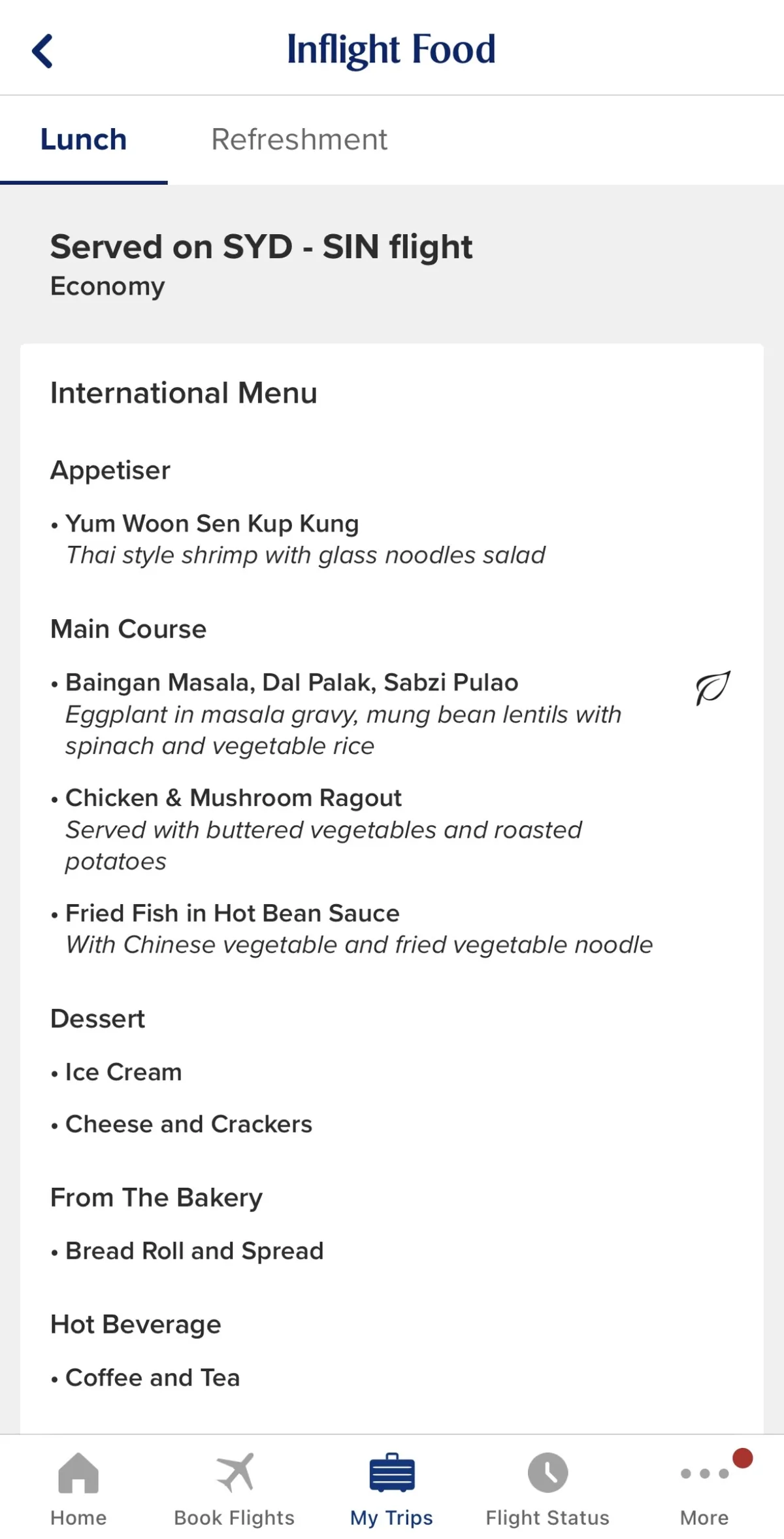 Singapore Airlines economy class meal menu card for Sydney–Singapore route
