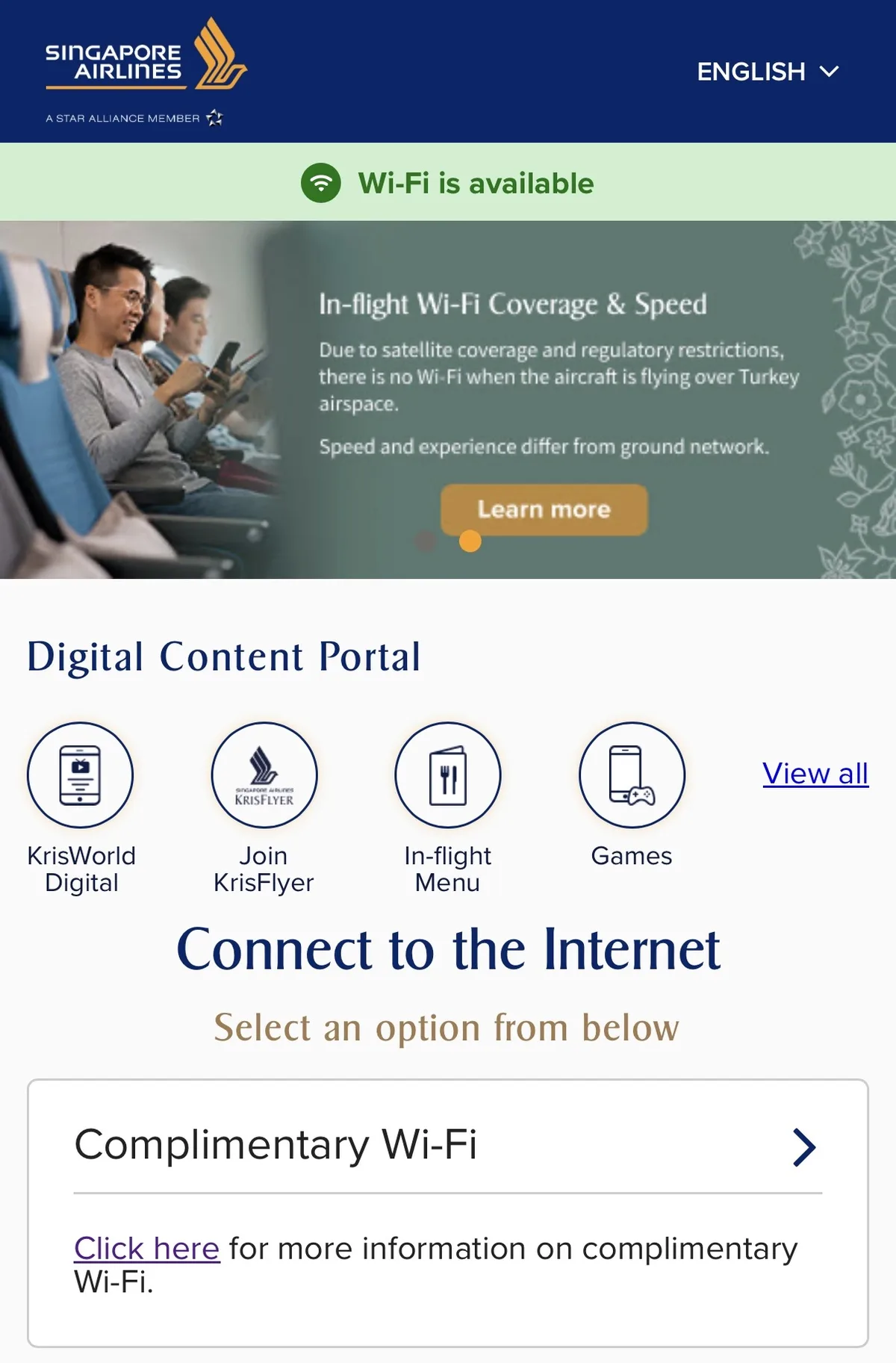 Singapore Airlines complimentary Wi-Fi connection screen on IFE display