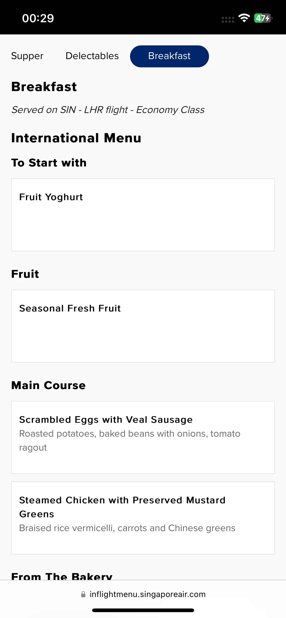 Singapore Airlines economy class meal served on SQ322 Singapore to London leg