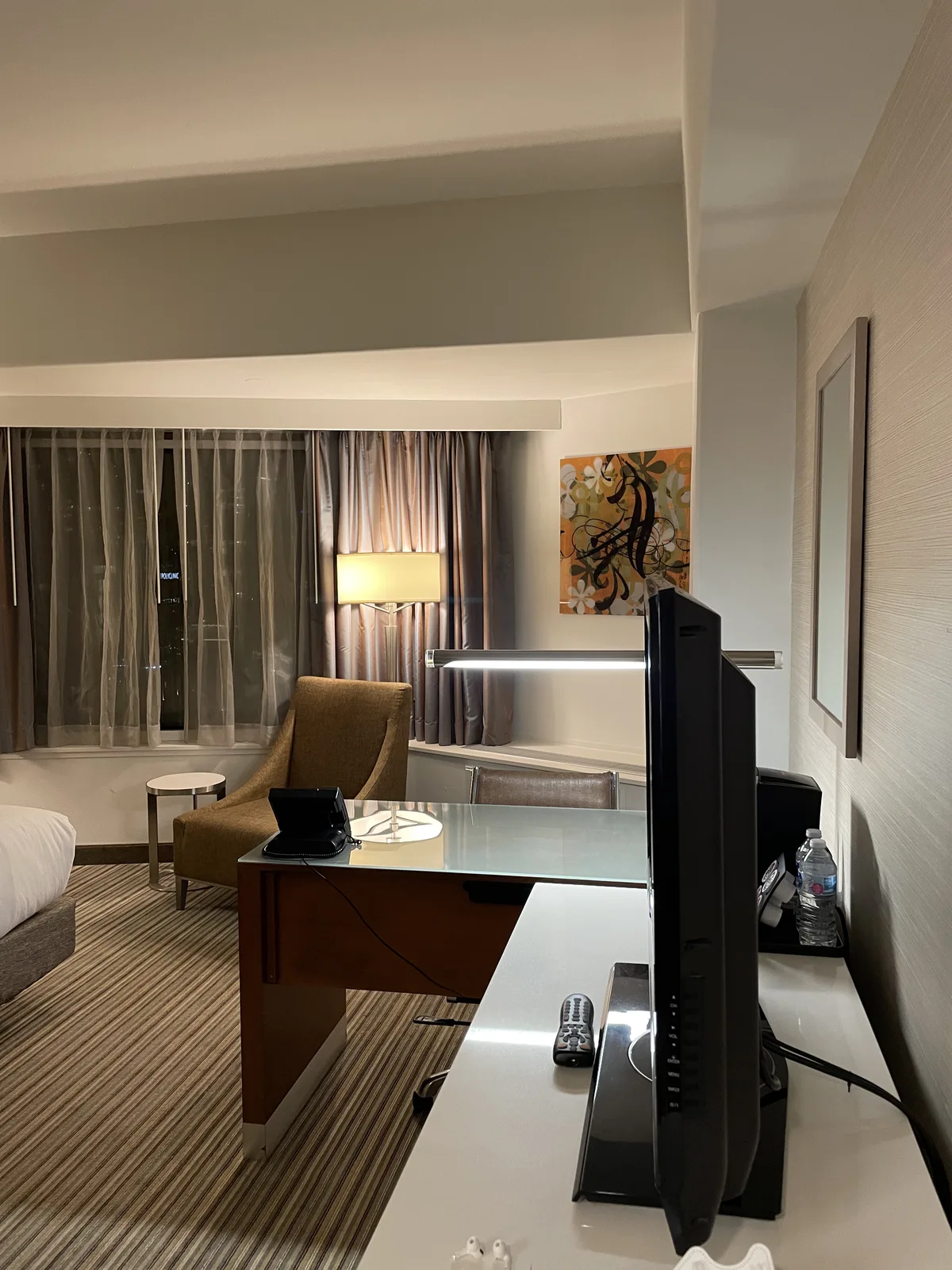 Crowne Plaza Seattle King Room view from desk toward window with armchair