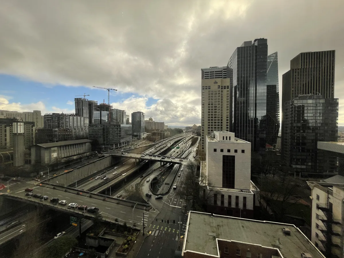 Crowne Plaza Seattle room view overlooking freeway and downtown Seattle skyline