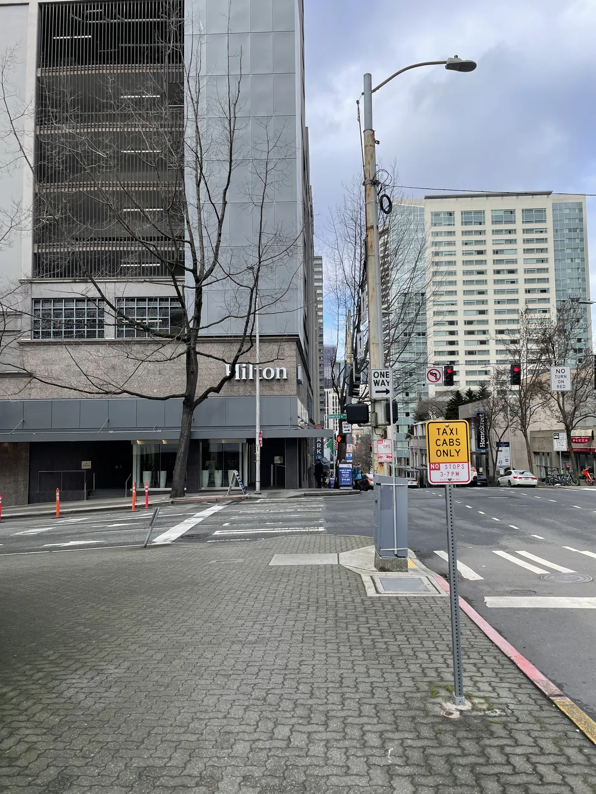 View of Hilton Seattle across the street from Crowne Plaza Seattle on 6th Avenue