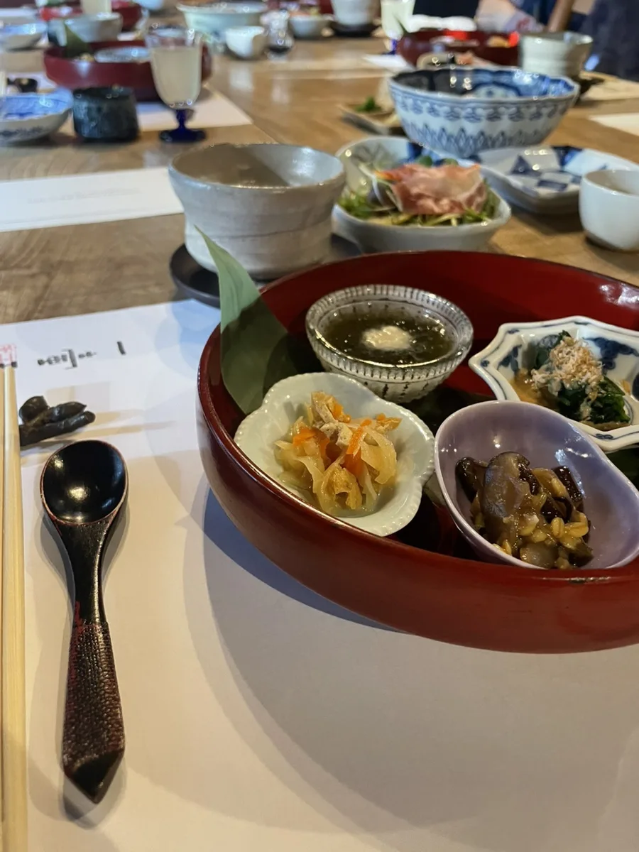 Ikkouten kaiseki breakfast main dish — salmon steak with rice, miso soup, and seasonal sides