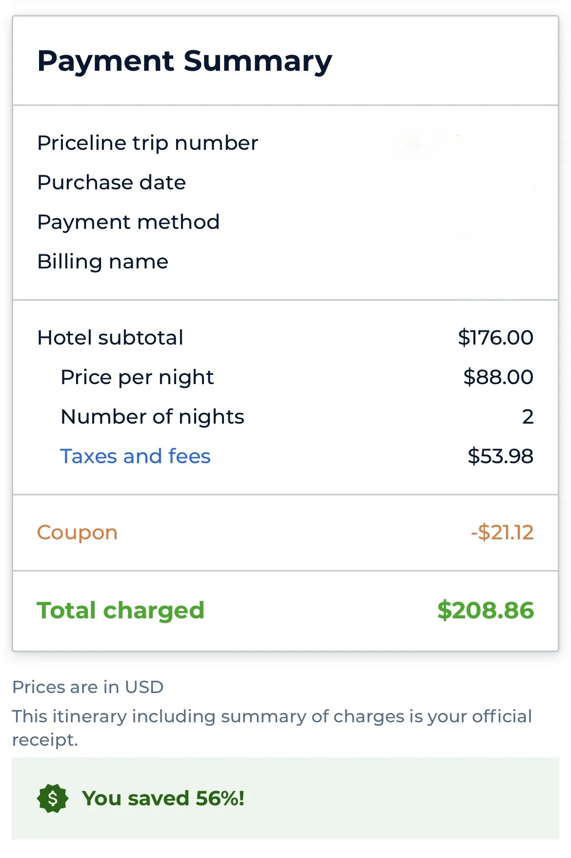 Priceline price breakdown for Hilton Seattle showing $88 per night with 56% discount after coupon