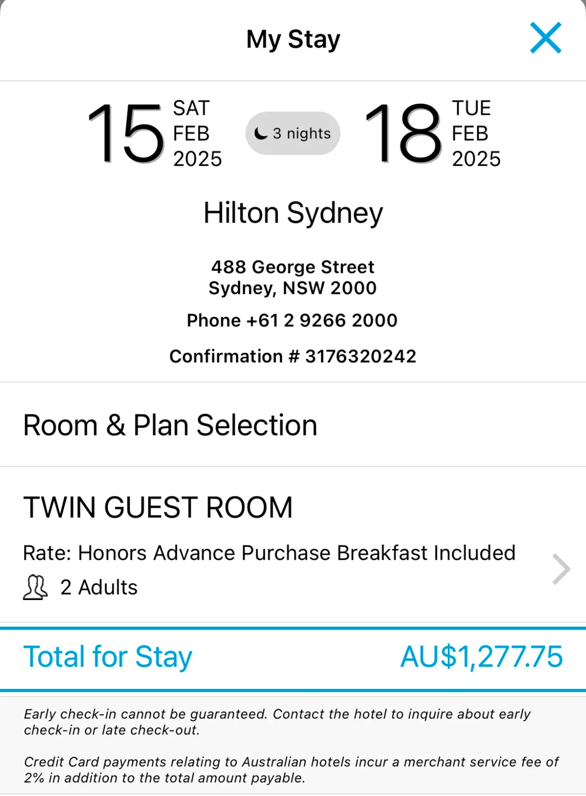 Hilton app booking confirmation showing Honors Advanced Purchase rate with breakfast for Hilton Sydney