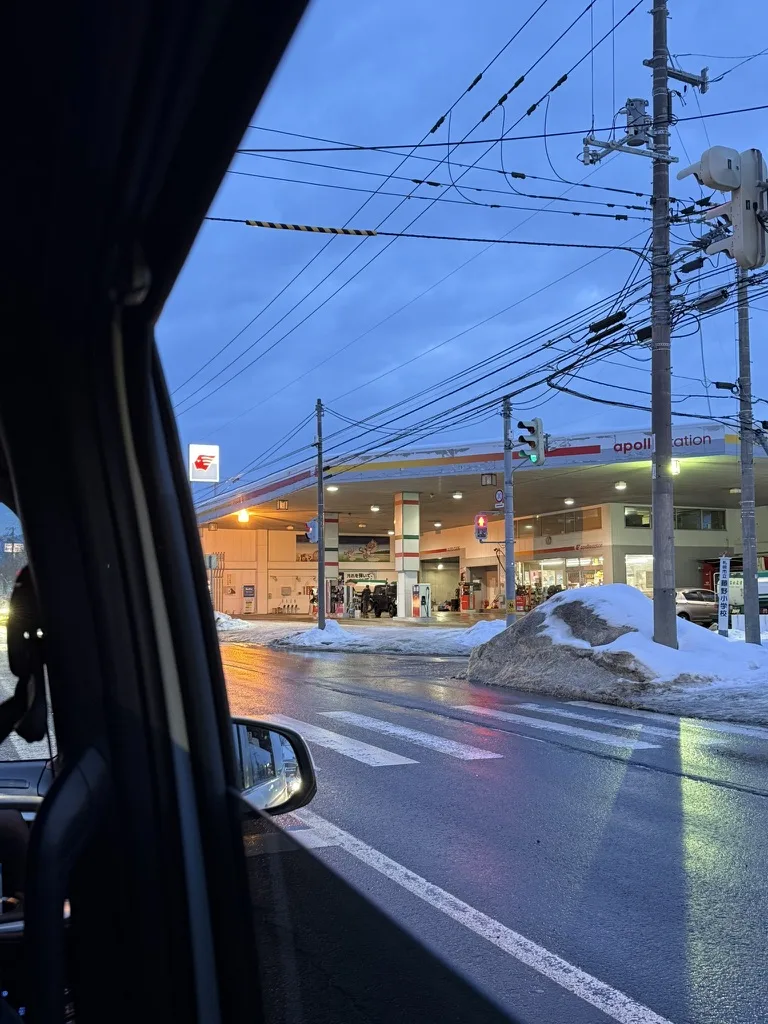 Hokkaido gas station viewed from the rental car window