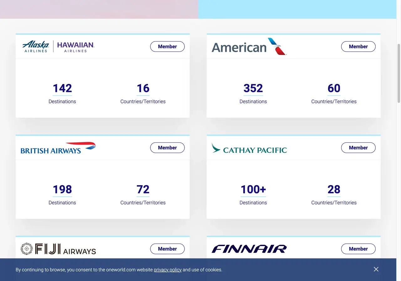oneworld official website directory illustrating 15 member airlines
