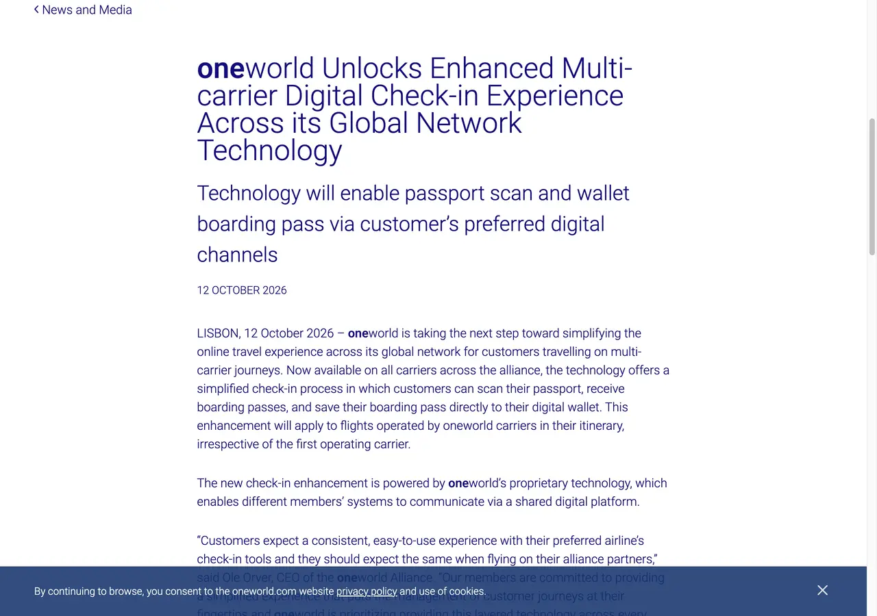 Official oneworld website screen illustrating enhanced multi-carrier digital check-in announcement