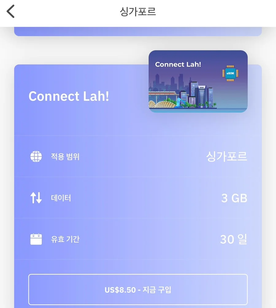 싱가포르 로컬 데이터 요금제 선택 화면