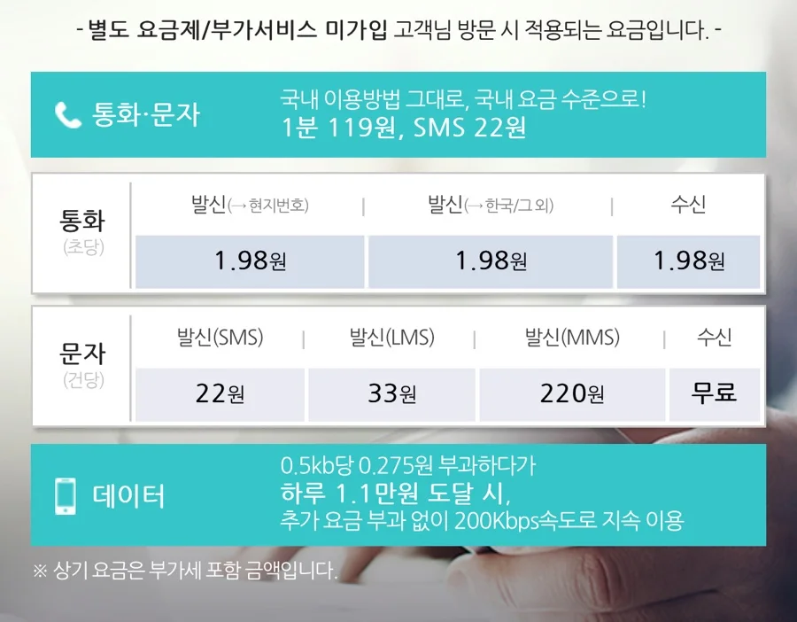 KT 로밍 음성 및 문자 요금 안내