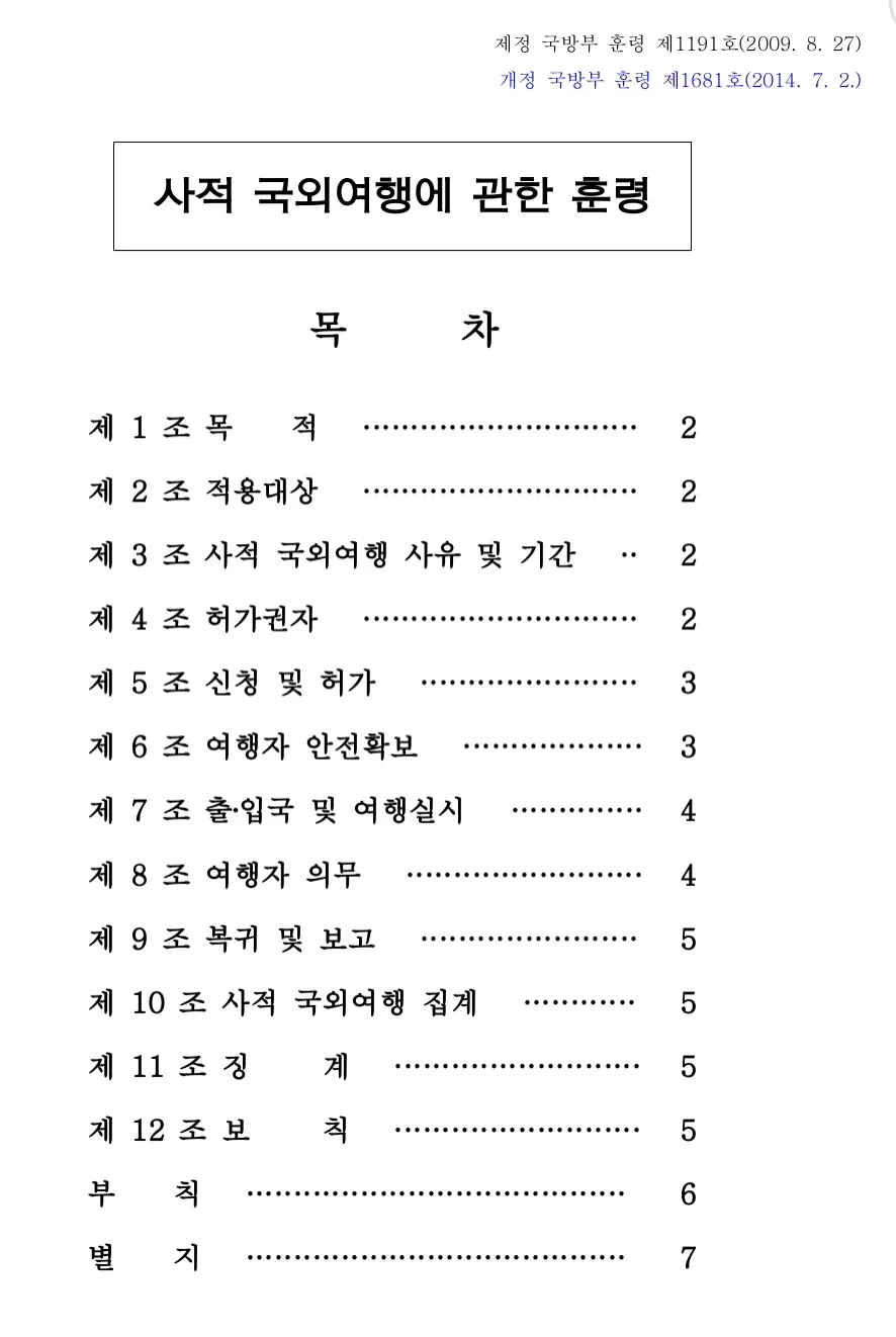 사적 국외여행에 관한 훈령 목차