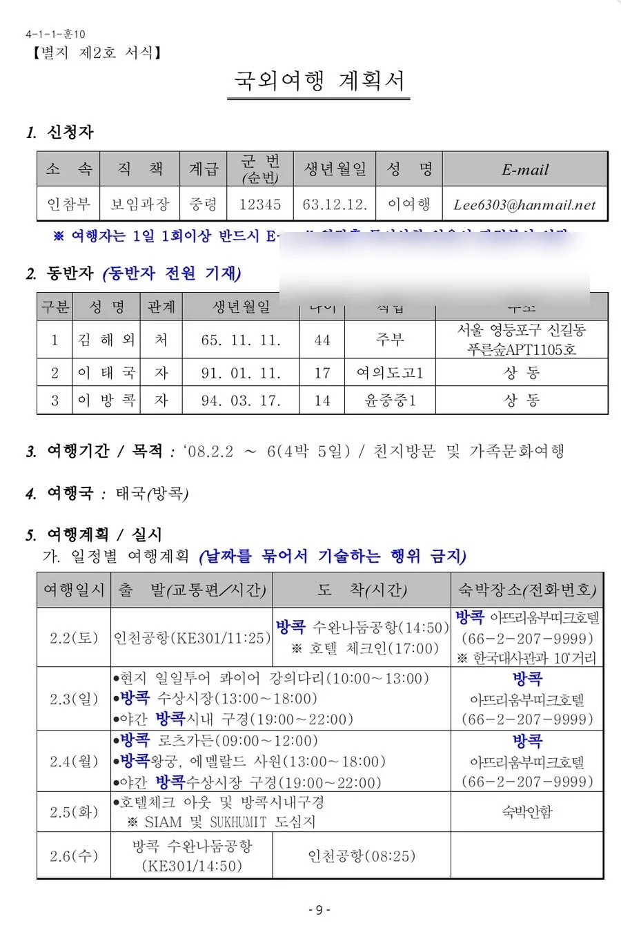 국외여행 계획서 세부 작성 예시