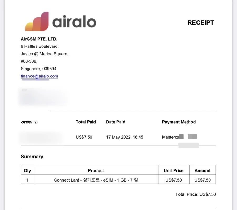 Airalo 싱가포르 eSIM 1GB 7일 7.5달러 결제 영수증