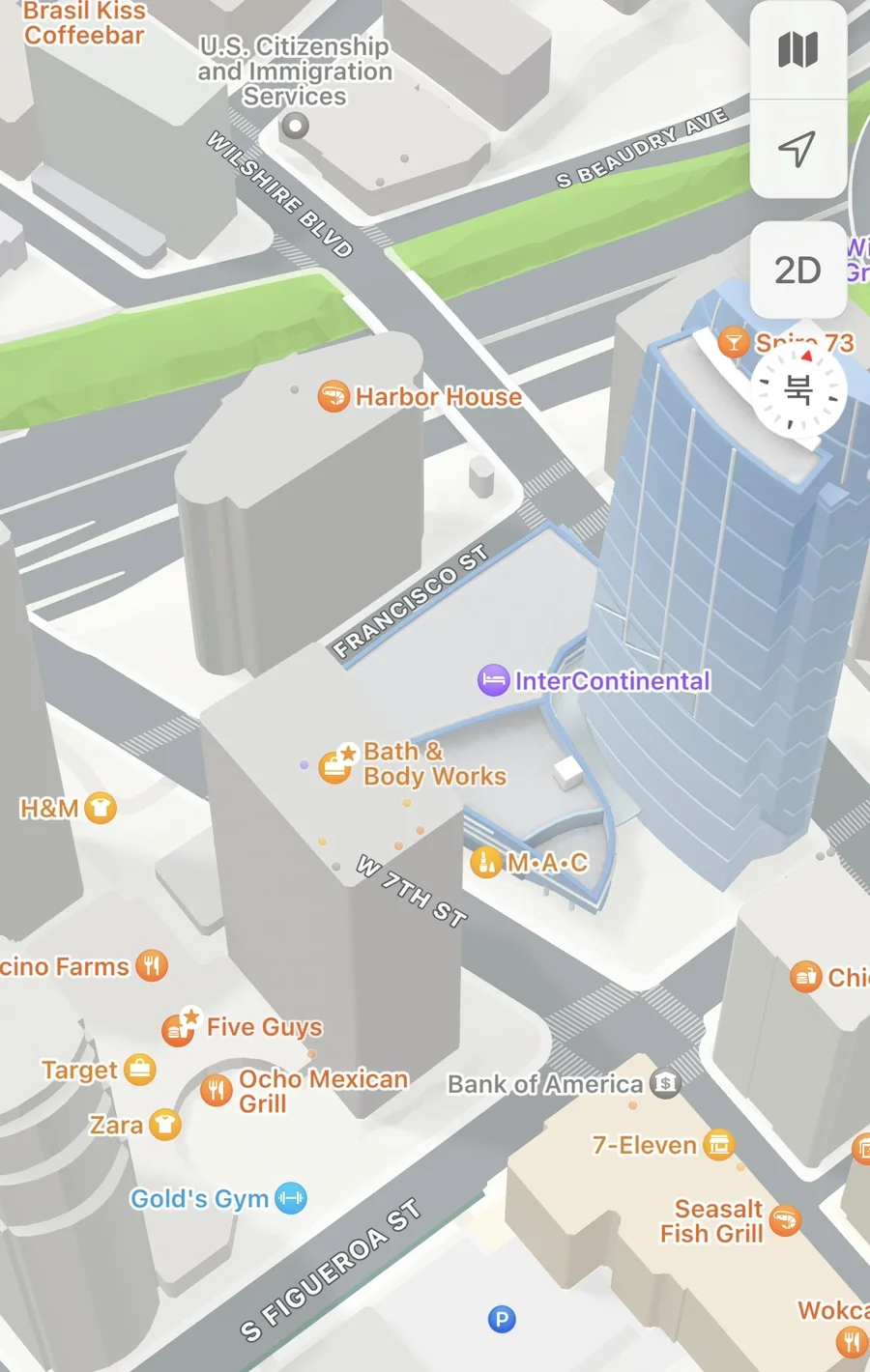 지도 앱으로 확인한 7번가(7th St) FIGat7th 쇼핑몰과 주변 인터컨티넨탈 호텔 위치