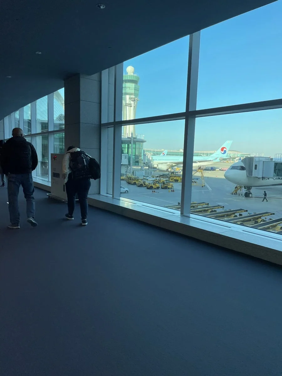 인천국제공항 입국장 통유리창 너머로 반갑게 맞이해주는 대한항공 여객기